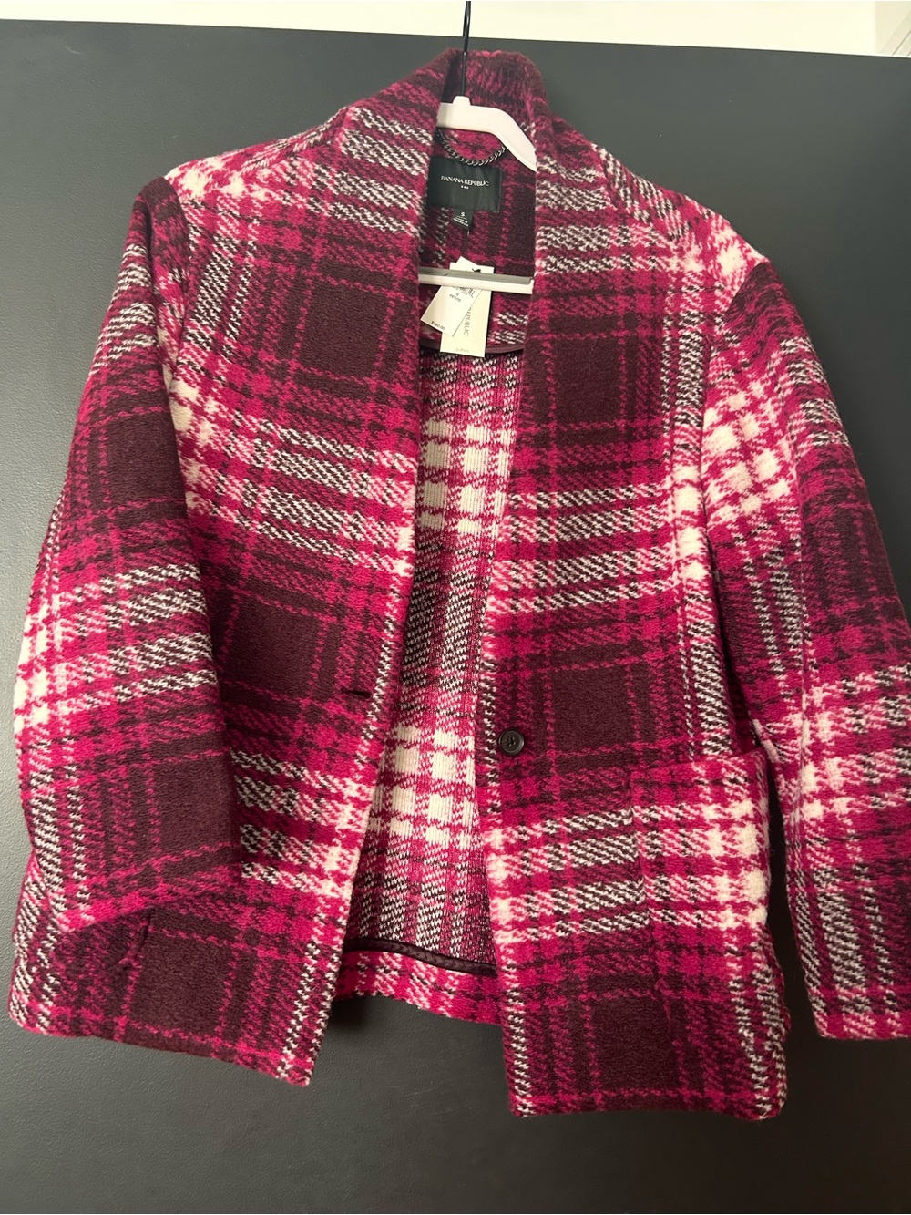 Banana Republic Plaid Pea Coat in Berry Pink and Cream